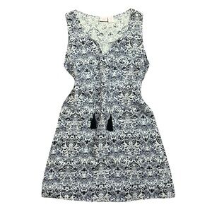 ST. TROPEZ 100% Linen Sleeveless Dress Small Navy & White Boho Print